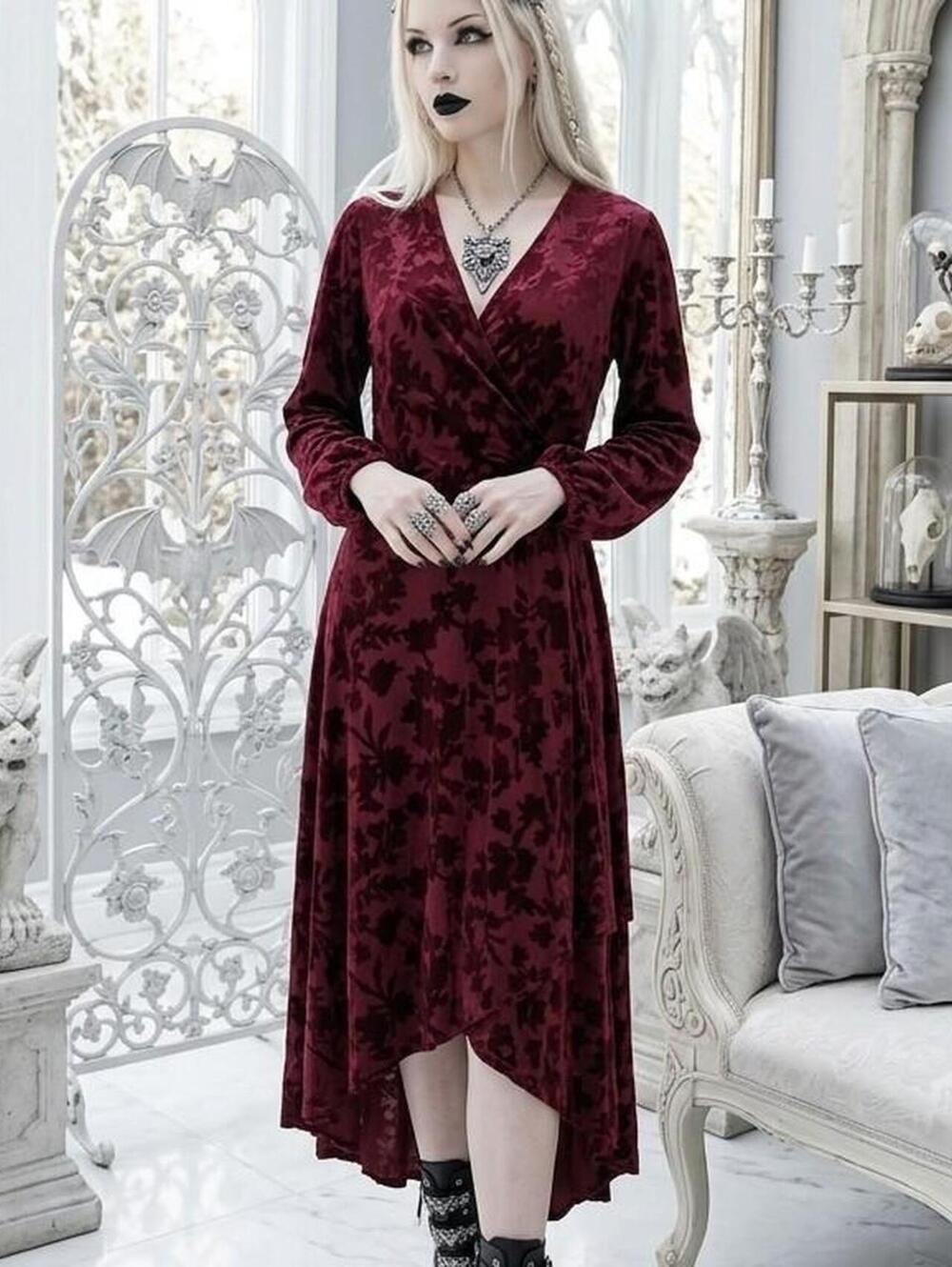 Calvin Klein Burgundy Floral Burnout Velvet Faux Wrap Midi